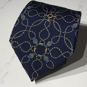 Hermes Necktie, Blue and Gold Tack on Navy, 100% silk Made In France